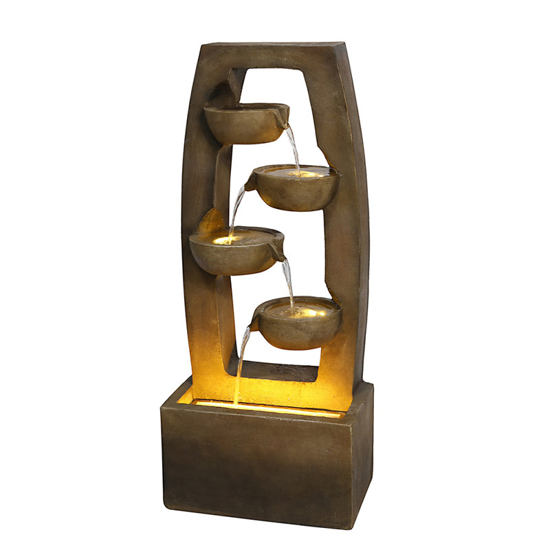 Modern Outdoor Water Fountain with Lights 4 Tier Cascading Bowl Waterfall Freestanding Garden Fountain for Patio Yard Porch Landscape