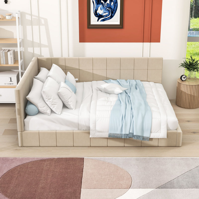 Full Size Upholstered Daybed Frame with Slats, Beige