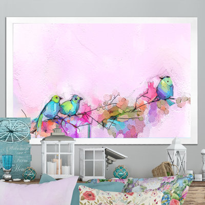 Pinceau rose et oiseaux mauves - reproduction sur toile avec cadre flottant