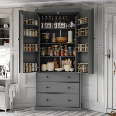 Farmhouse Kitchen Pantry With 3 Adjustable Shelves, 8 Door Shelves And 3 Drawers