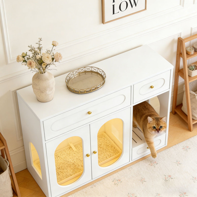 Enceinte de litière pour chat avec lumière DEL, Blanc-1