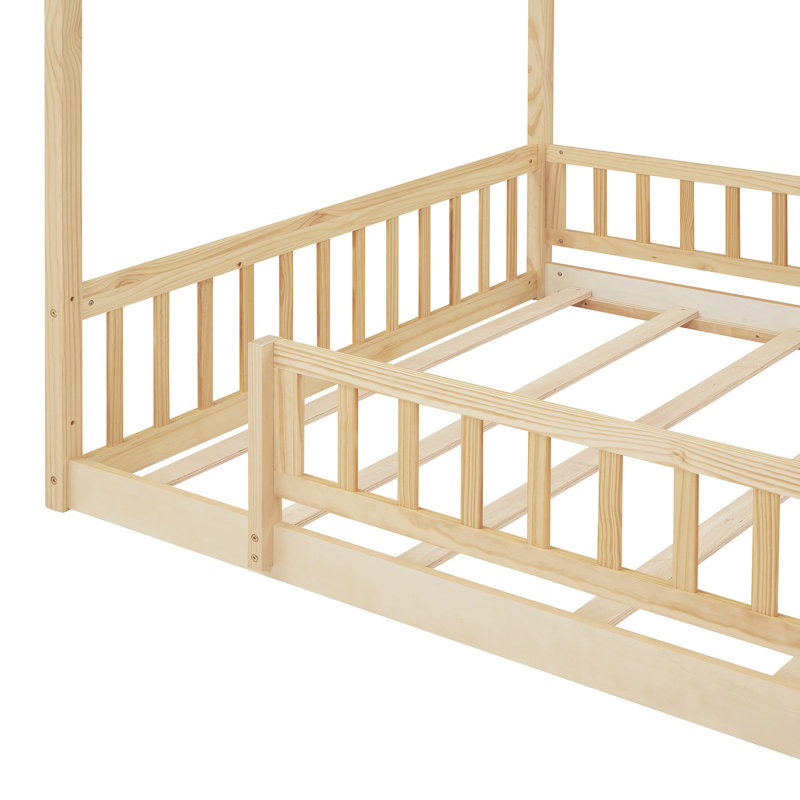 Wood Bed House Bed Frame With Fence, For Kids, Teens, Girls, Boys, Natural, Full