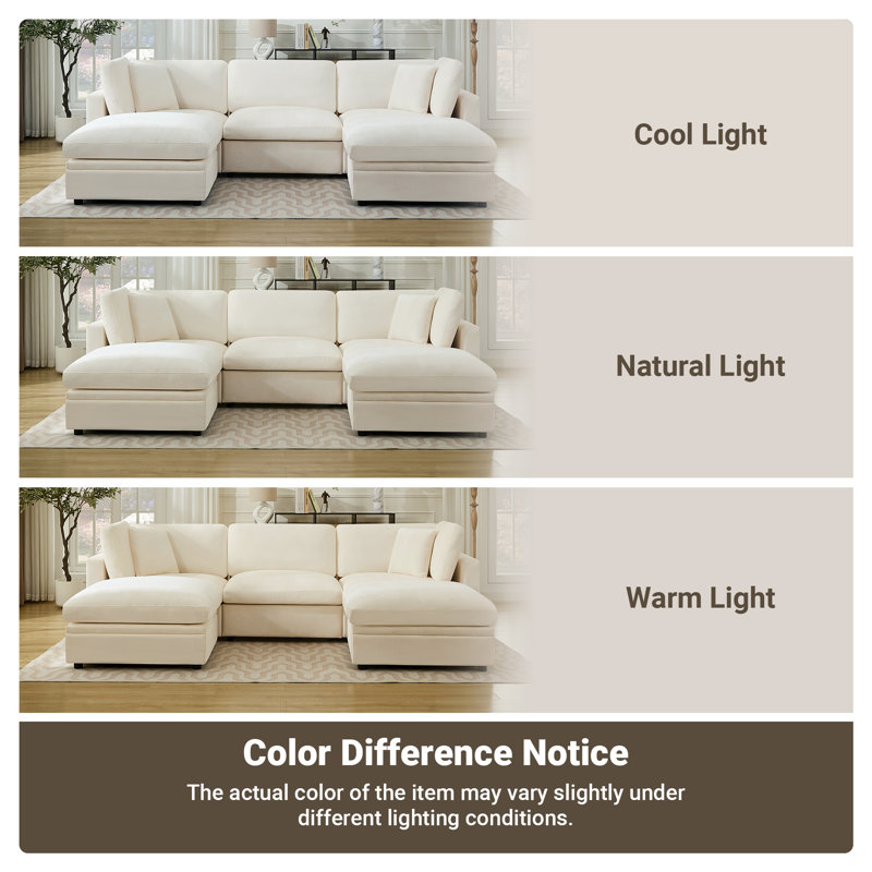 Oversized Down-Filled Modular Sofa with Storage Ottomans, Beige, 34.6" H x 118.5" W x 66.9" D