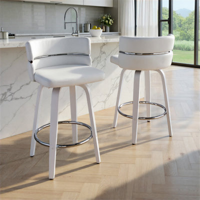 Tabouret de comptoir à hauteur fixe avec pivot en bois et similicuir avec repose-pieds rond chromé - ensemble de 2