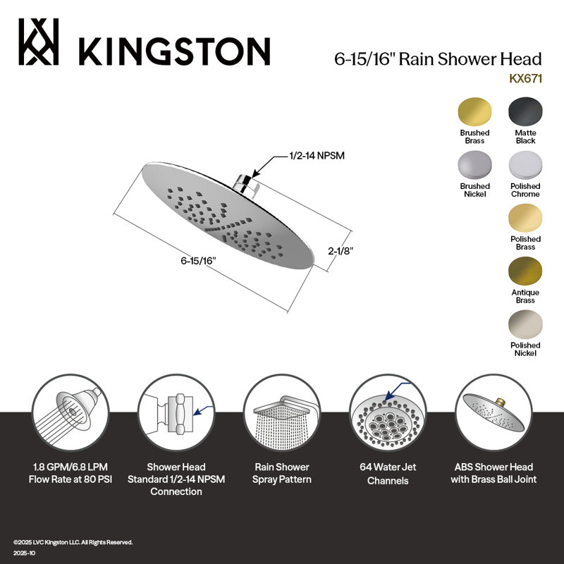 Kingston Brass Shower Scape 7-Inch Round Raindrop ABS Shower Head, Polished Brass