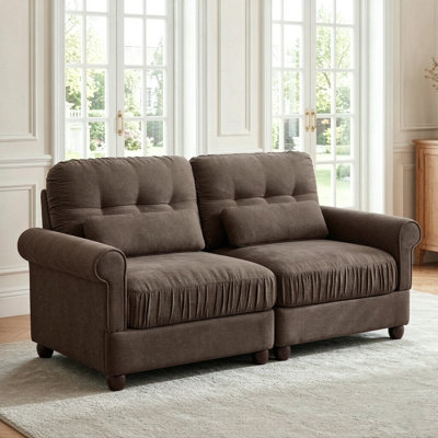 Chenille 3-Piece Modular Sofa Set, Tufted Back & Ruffled Edge Rolled Arm Couch