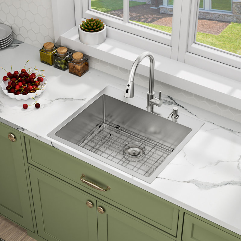 25" Drop-In 16 Gauge Kitchen Bar Sink Single Bowl Stainless Steel Kitchen Sink with Pull Down Faucet, 25" x H 22" L x 9" W
