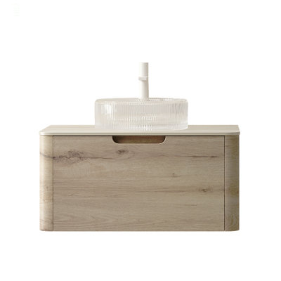 Meuble-lavabo de 30 po avec lavabo, armoire de rangement flottante en contreplaqué avec tiroir, lavabo rond en verre transparent et plateau en pierre frittée à motif de travertin Roma, pré-assemblé