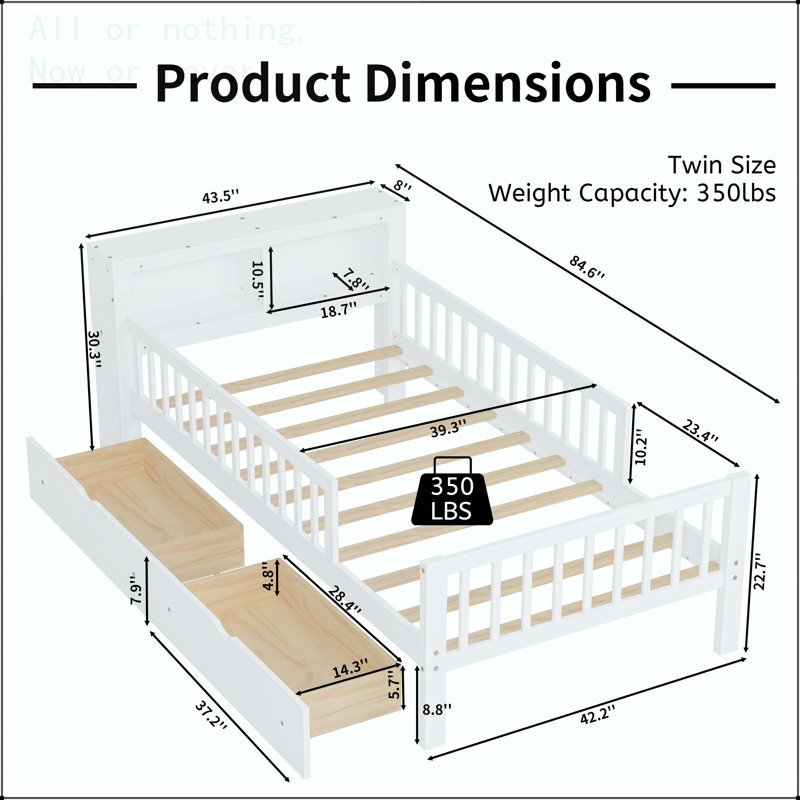 Twin Size Bed with Headboard Storage Rack and Under-Bed Drawers, White