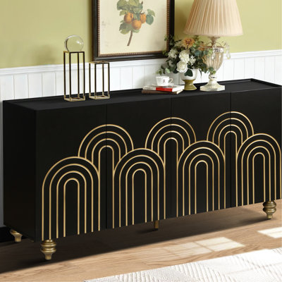 Fluted Storage Cabinet With 4 Doors - Black For Home Spaces Adjustable Shelves, Board Modern Doors, Construction
