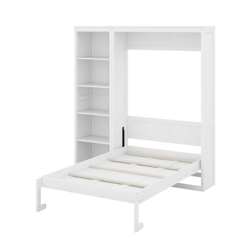 Lit escamotable double avec tablettes, Blanc, Lit double