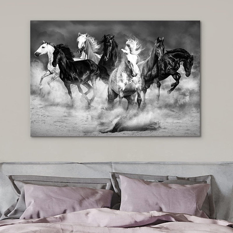 Courir, chevaux, photographie en noir et blanc, reproduction d'art sur toile encadrée, H 32 po x l 48 po, Toile tendue