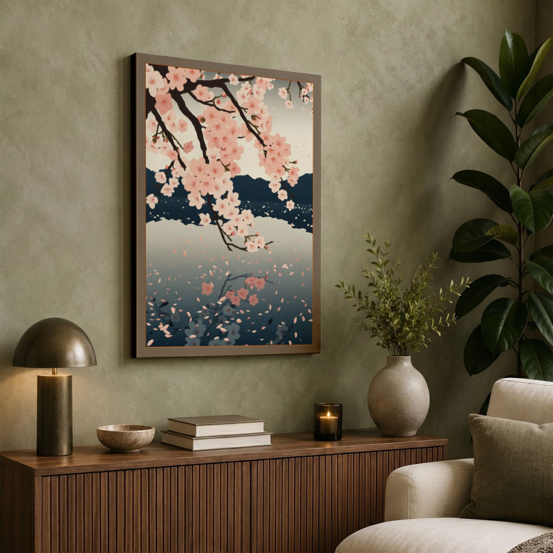 Moonlit Cherry Blossom Japandi - Wrapped Canvas, 30x20 - 76.2 x 50.8 cm, Black Border
