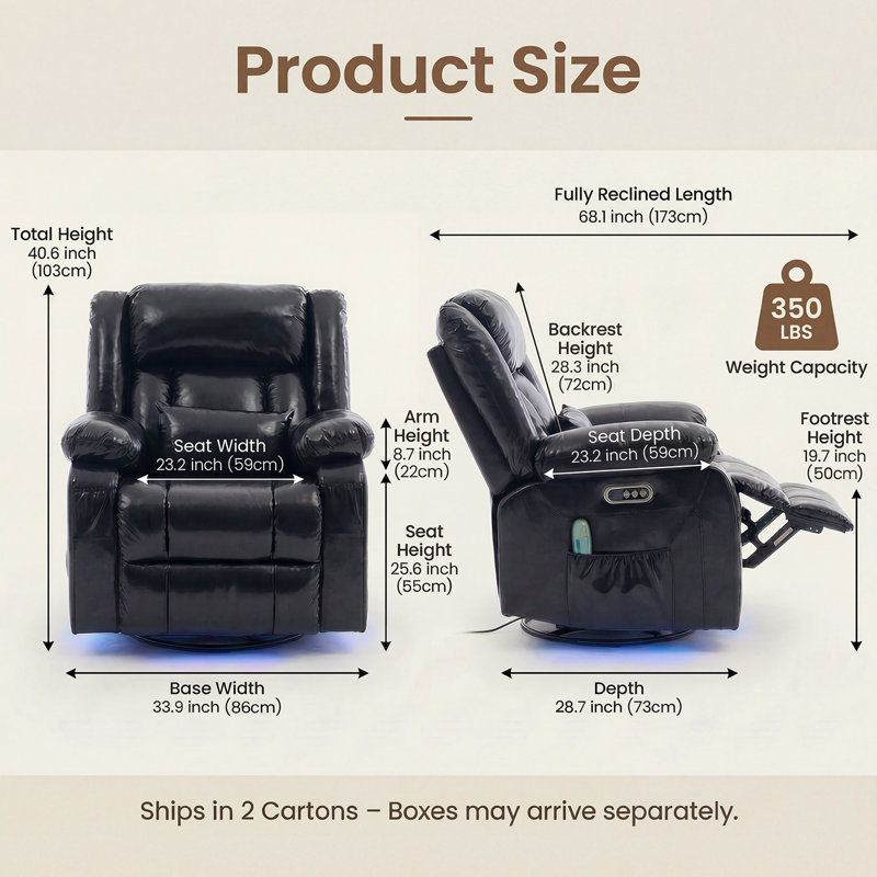 Fauteuil inclinable électrique pivotant à deux moteurs avec massage et chaleur, bandes lumineuses à DEL, Noir