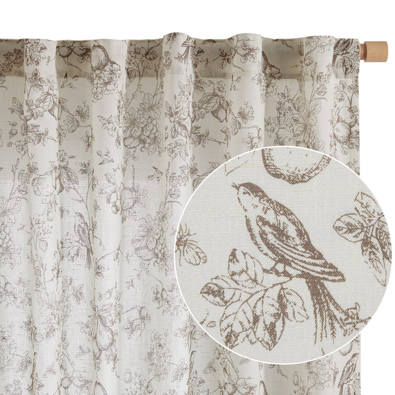 Linen Blend Farmhouse Floral Curtains Semi Sheer French Country Curtain Panels, Taupe, 50" W x 84" L