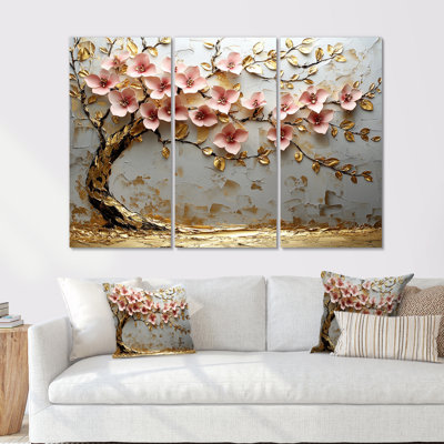 Arbre de fleurs de cerisier roses et dorées au bord du lac III - Ensemble de décorations murales fleurs de cerisier