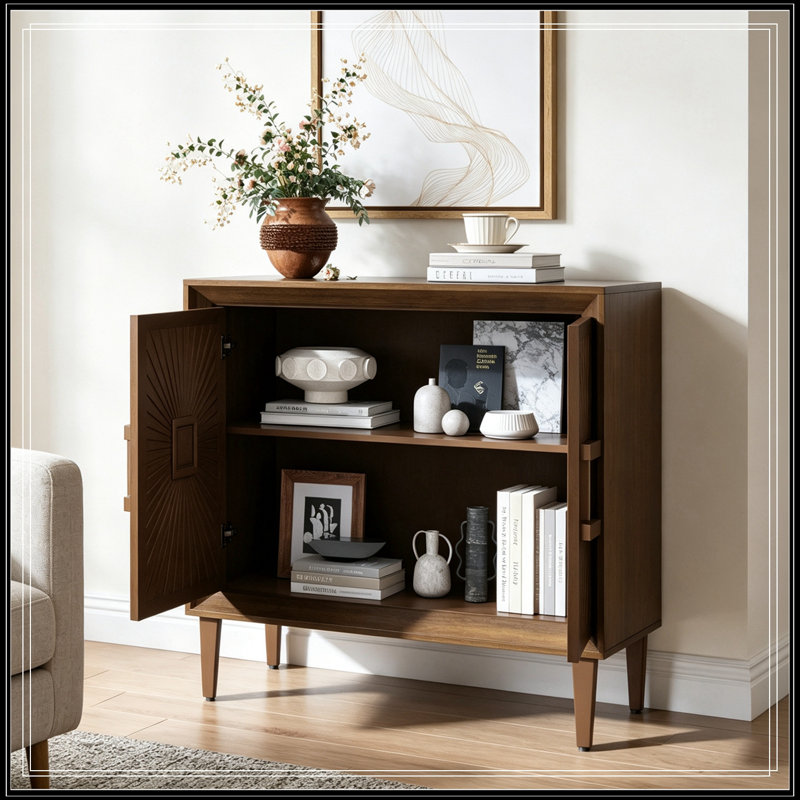 Armoire de rangement avec portes symétriques Sunburst et tablettes réglables, Noyer