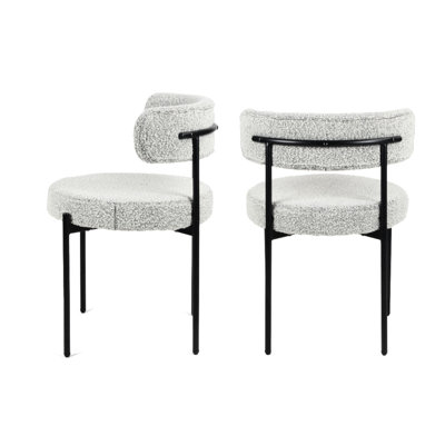 Boucle Dining Chairs, Of 2, Black White - Elegant & Practical Cozy Upholstery, Structure Round 2 Beautifully Curved Design For Back Comfort