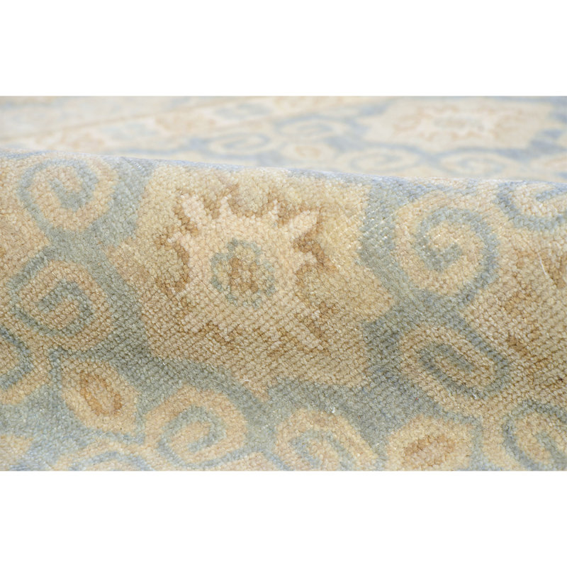 Tapis en laine noué à la main en beige / bleu, Rectangle de 10 pi x 14 pi