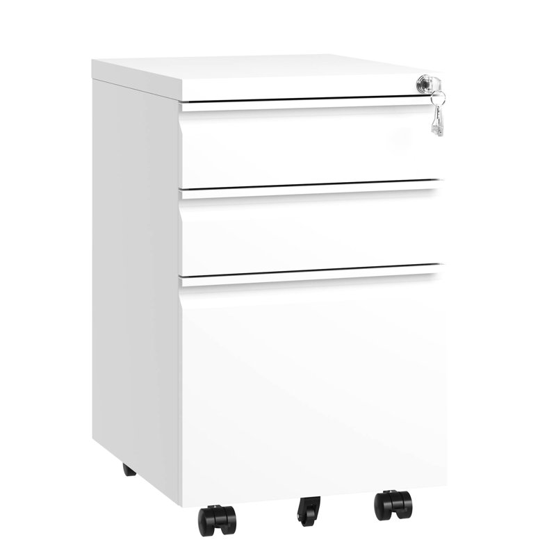 3 Drawer Metal File Cabinet With Lock, White. Fully Assembled For Workspace. Holds Letters/legal/a4 Files. Secure Storage Area. Drawers Come Removable Pencil Tray. Smooth Mobility Via 5 Wheels.