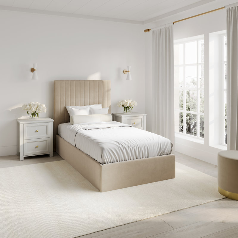 Hucksley Tall Upholstered Bed Frame, Beige, Single (3')