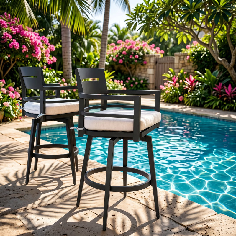 Tabouret de bar rotatif moderne en aluminium l 22,6 po x P 21,3 po x H 42,9 po avec coussin Sunbrella (ensemble de 2)