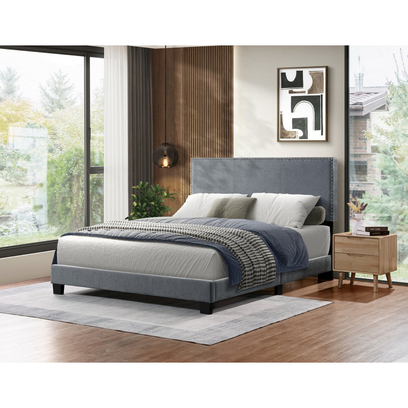 Lit plateforme tapissier avec garniture cloutée, Gris, Double