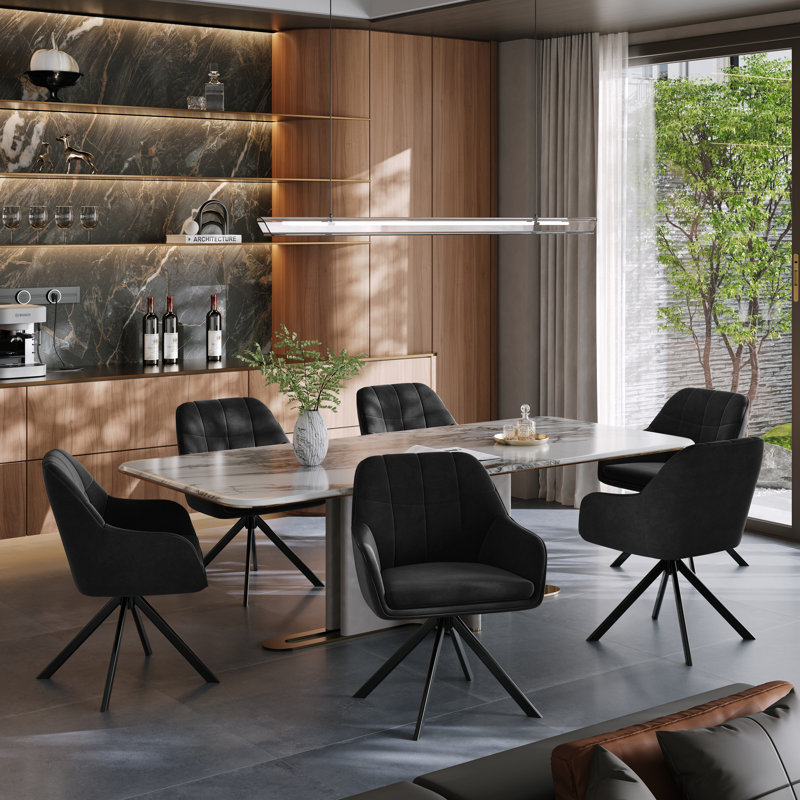 Modern Fabric Swivel Upholstered Dining Chair With Arm, Black Velvet