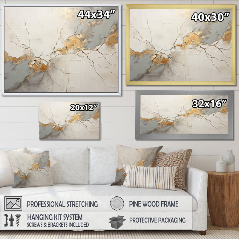 «Beige Gold Minimalisme Poteries I», reproduction sur toile, Cadre doré simple, H 12 po x l 20 po x P 1 po