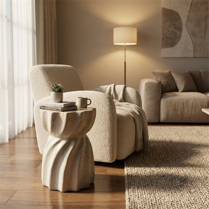 Table d'appoint d'extérieur, petit tabouret en béton avec une finition semblable à la pierre patinée, table d'appoint sculpturale / table basse, table d'appoint décorative, table en forme de tambour, convient pour une utilisation intérieure et extérieure