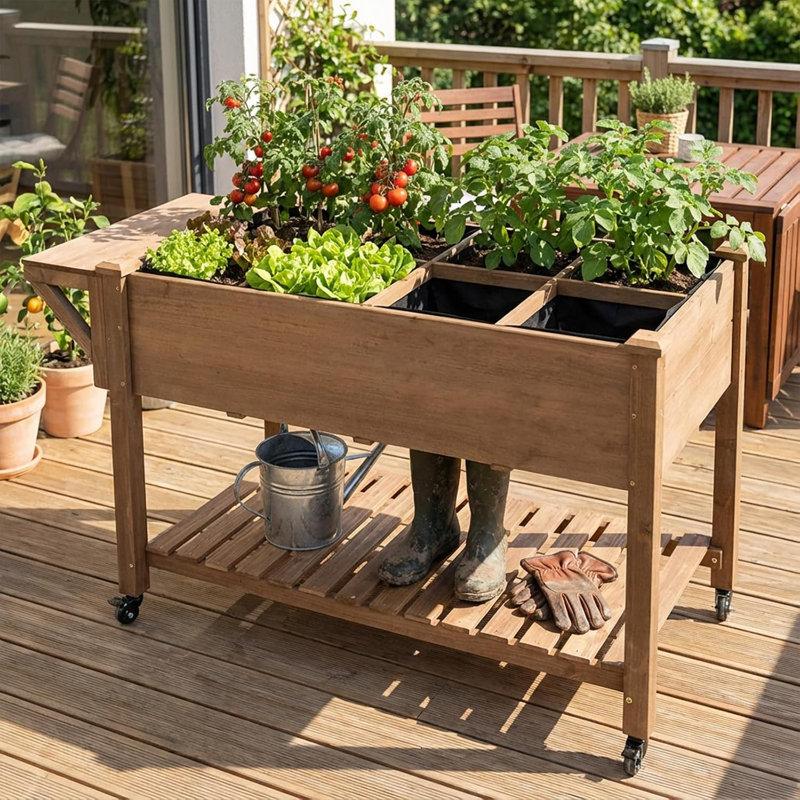 Pot à fleurs surélevé avec roues verrouillables, bac à fleurs en bois avec doublure de protection