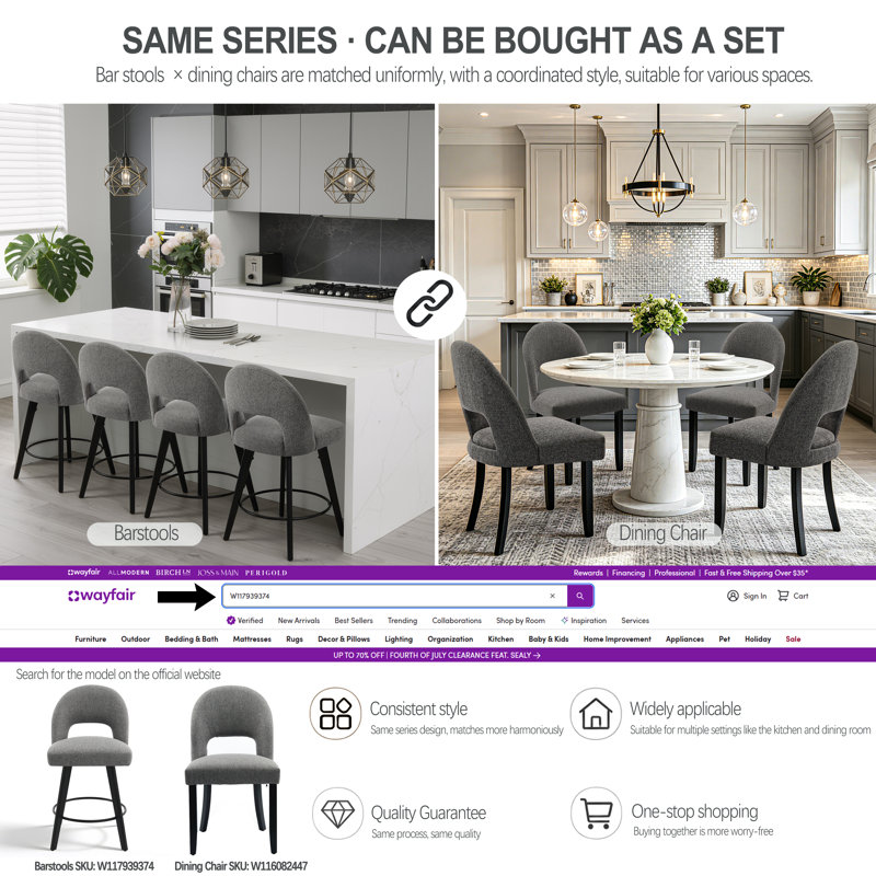 Linen Upholstered Dining Chairs with Curved High Back and Solid Wood Legs, Gray/Black, 4