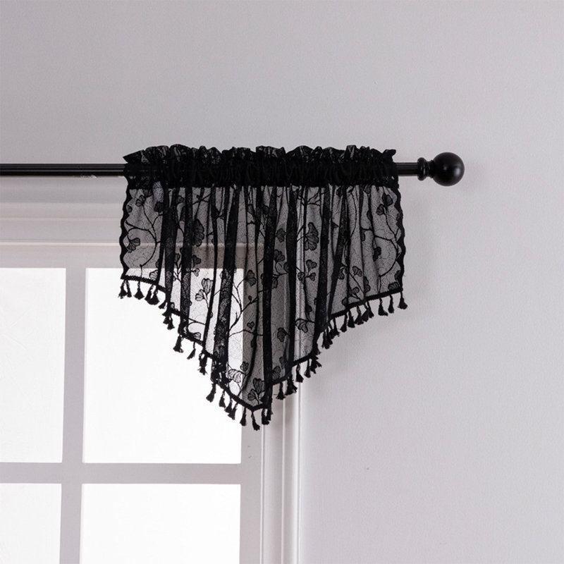 Cantonnière pour petits rideaux en dentelle avec pampilles kbndieu, Black
