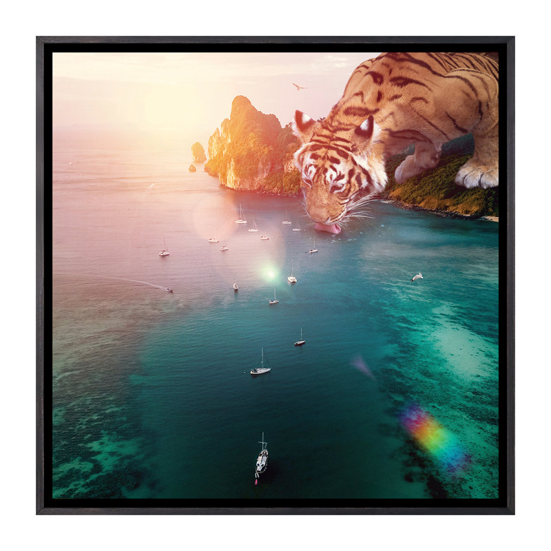 «Tiger Drink Color» par Soaring Anchor Designs - impression d'art graphique, Toile encadrée noir délavé, Pas de tapis