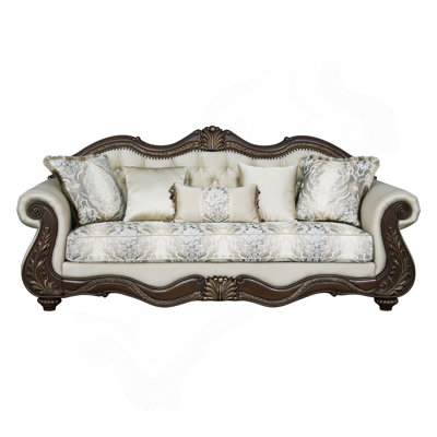 Pierce Beige Fabric & Cherry Finish Sofa W/5 Pillows