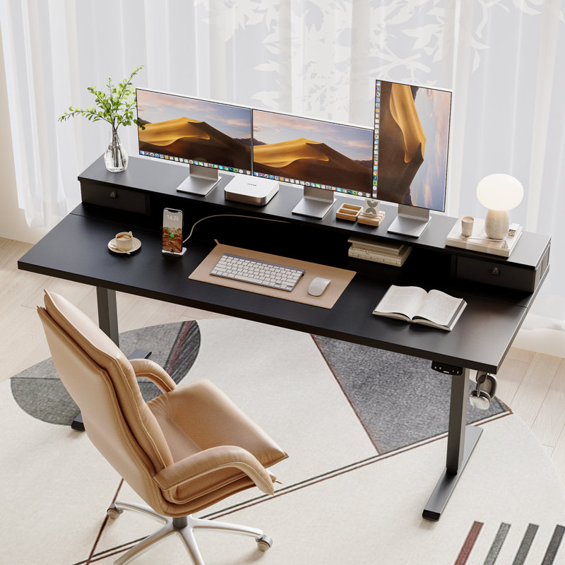 63" Electric Height Adjustable Standing Desk With Drawers,Home Office Desk with Large Monitor Shelf, Black