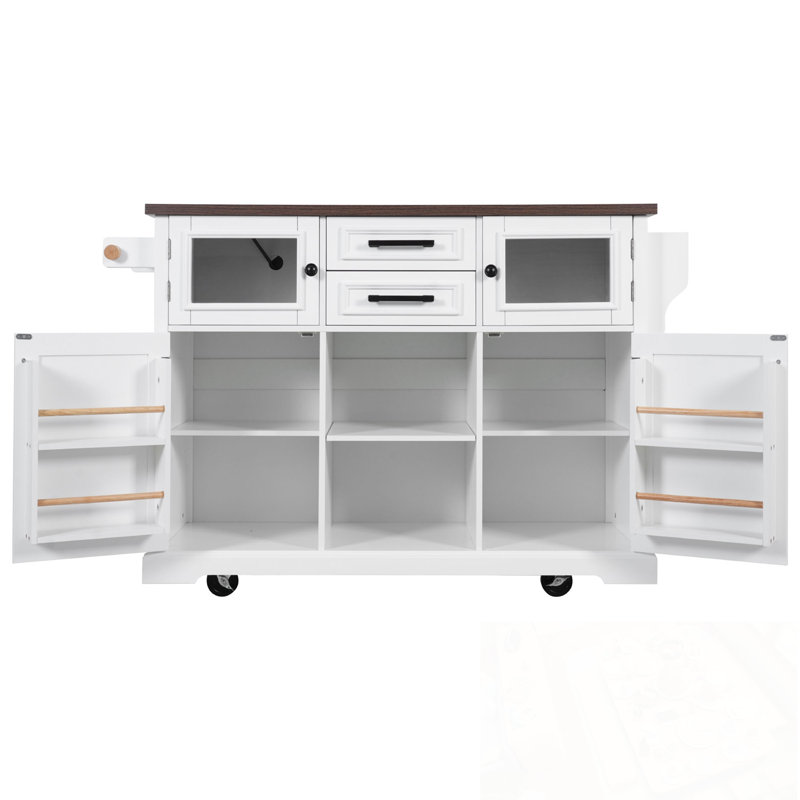 Kitchen Island with Drop Leaf, Power Outlet and 4 Door Shelves, White