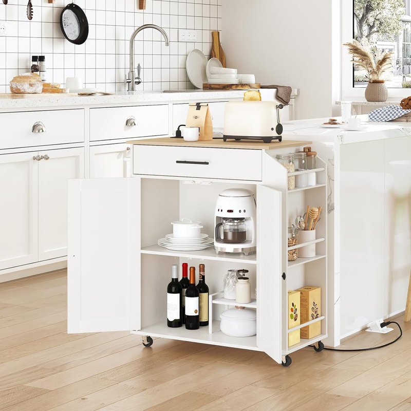Îlot de cuisine roulant 33,8 po avec prise de courant Aquisha, Blanc / Naturel