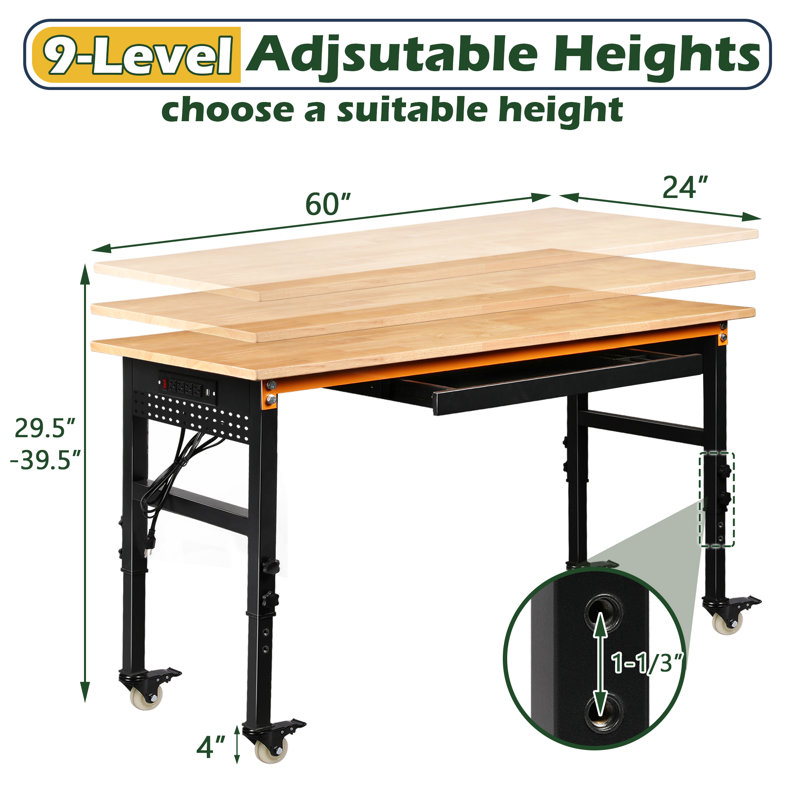 60" Adjustable Height Workbench With Power Outlets & Pegboard