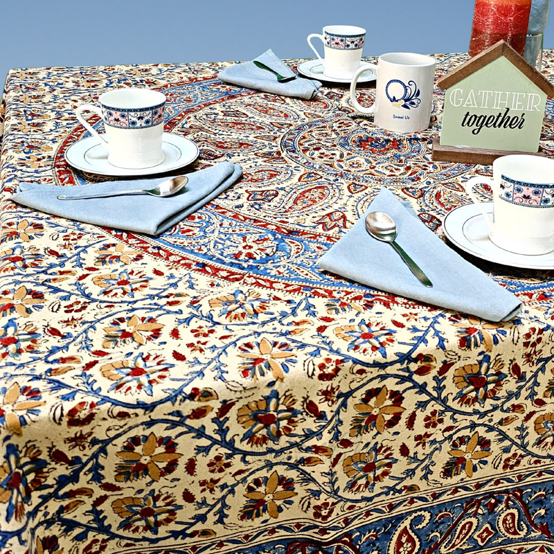 Block Print Paisley Floral Tablecloth Collection, 90" L x 60" W