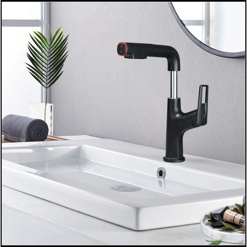 Robinet de vasque rétractable noir mat - Robinet de lavabo de salle de bain à un trou avec bec relevable et modes de jet doubles