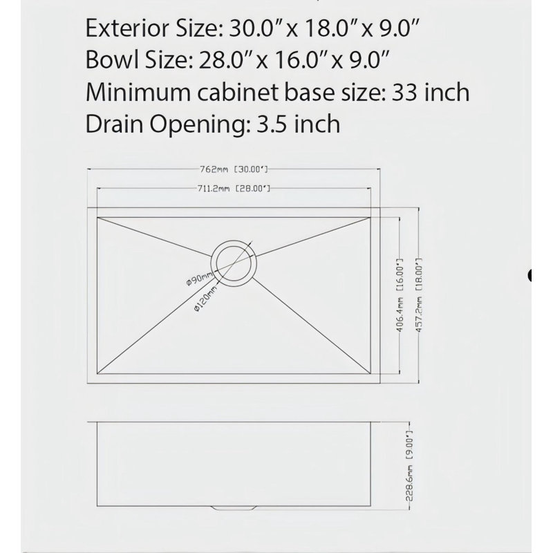 30"X18"X9" Gunmetal Black Undermount  Kitchen Sink 16 Gauge Single Bowl With Drain Assembly