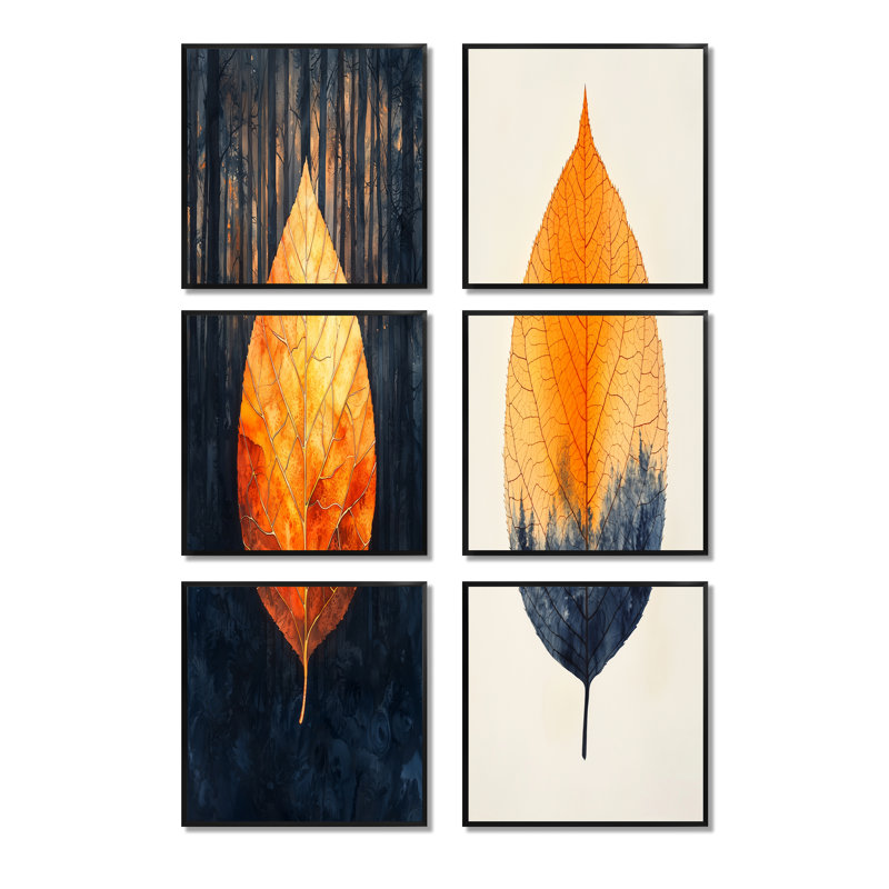«Modern Amber Leaves Harmony Of Autumn», ensemble de 6 impressions murales florales, Impression encadrée sans passe-partout