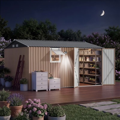 Upgraded Frame Metal Outdoor Storage Storage Unit Lockable Doors & Windows Heavy Duty Organizer Appropriate for Garden, Lawn, Patio  Brown & Black Color