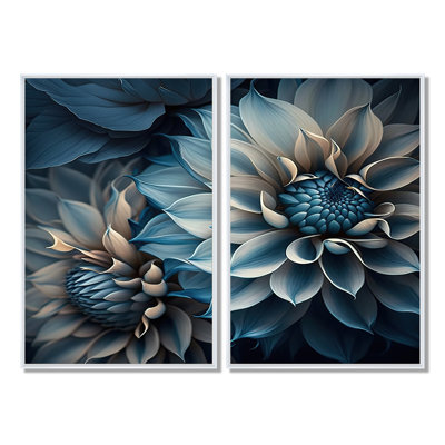 Fleurs de dahlia bleu et blanc II - impressions d'art sur toile bleues