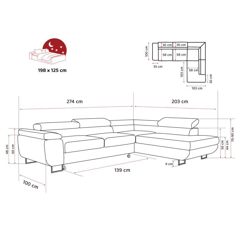 4 Seater Sofa Bed, Right Hand Facing, Black