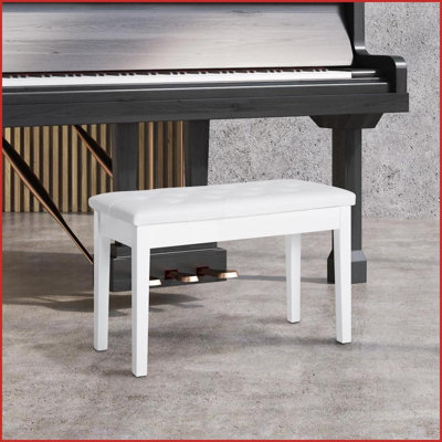 Duet Piano Bench with Faux Leather Padded Seat &amp; Wooden Frame | White | Rubber Wood