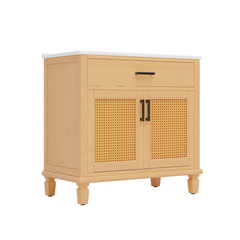 Meuble-lavabo en rotin avec lavabo en céramique, Naturel