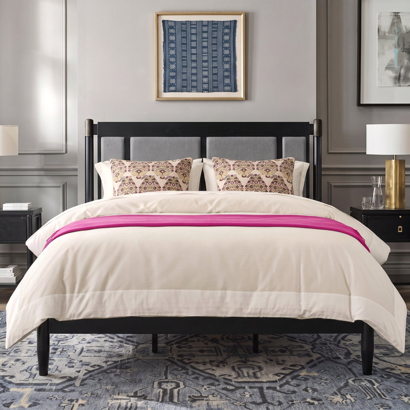 Lit plateforme tapissier en bois avec tête de lit Grand Astoria, Grand, Noir / gris foncé