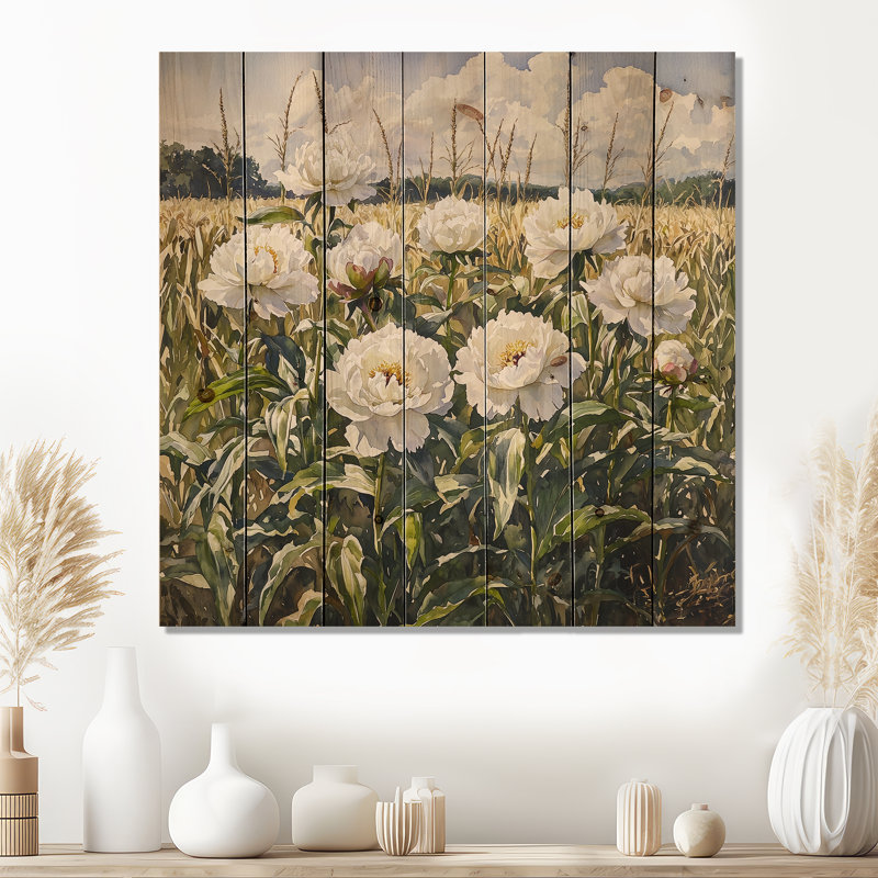 Summer Peonies In The Cornfield III - Peonies Wood Wall Decor - On Natural Pine Wood, 15" H x 15" W x 0.78" D